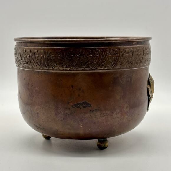 Vtg Copper Planter Cache Pot Houseplant Embossed Brass Flowers Footed Patina - Picture 4 of 8